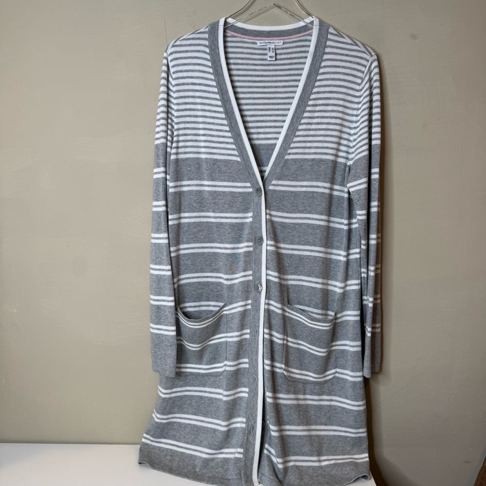 Isaac Mizrahi Striped Cardigan Gray White Sweater Duster Cardigan size large